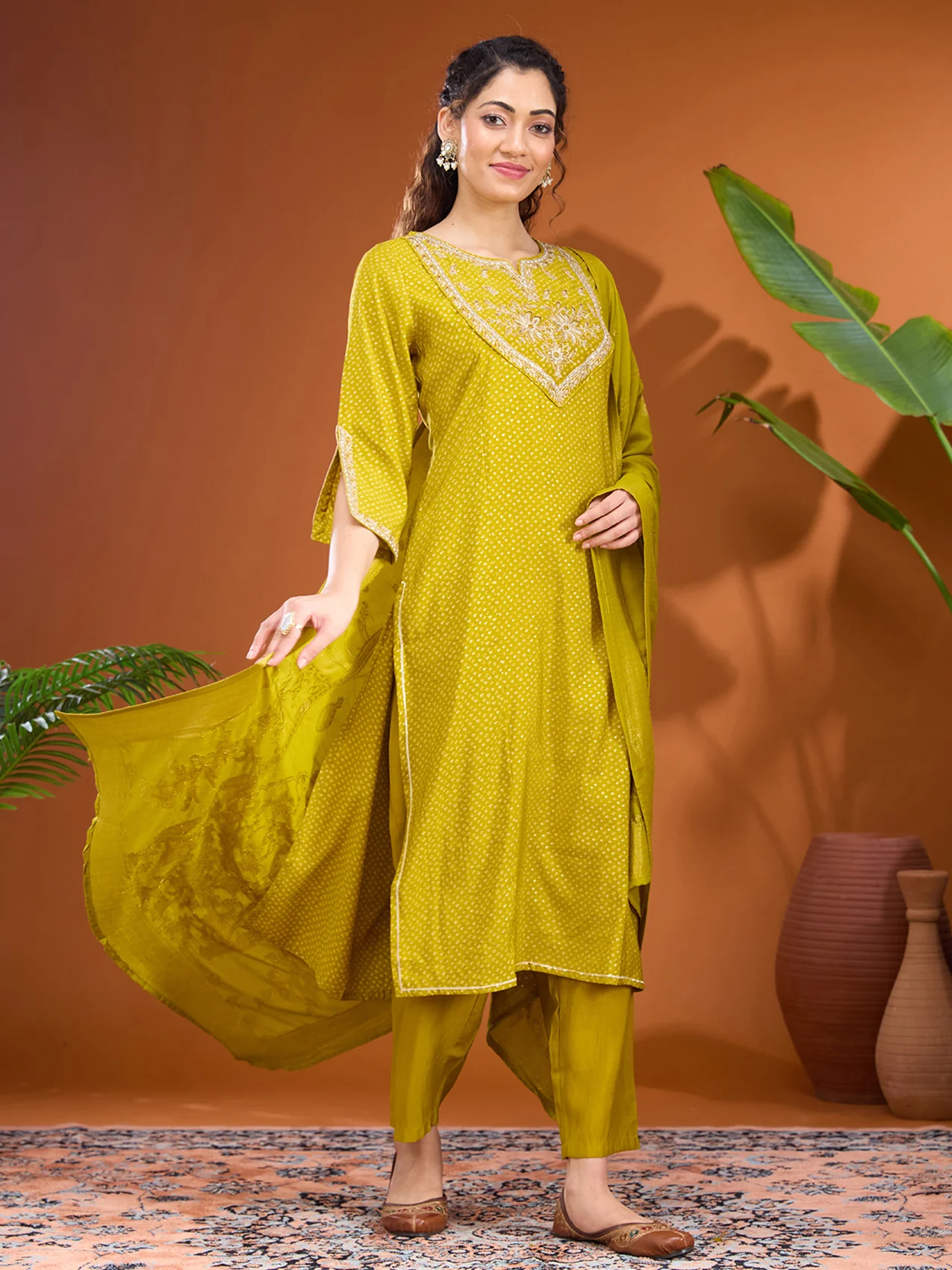 Mehandi Green Chanderi Bandhej Cording Straight Kurta With Pant Regular And Dupatta